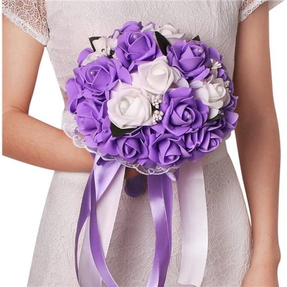 Wedding Bouquet for Bride, Artificial Purple Flower for Wedding,White & Lavender - Picture 5 of 7